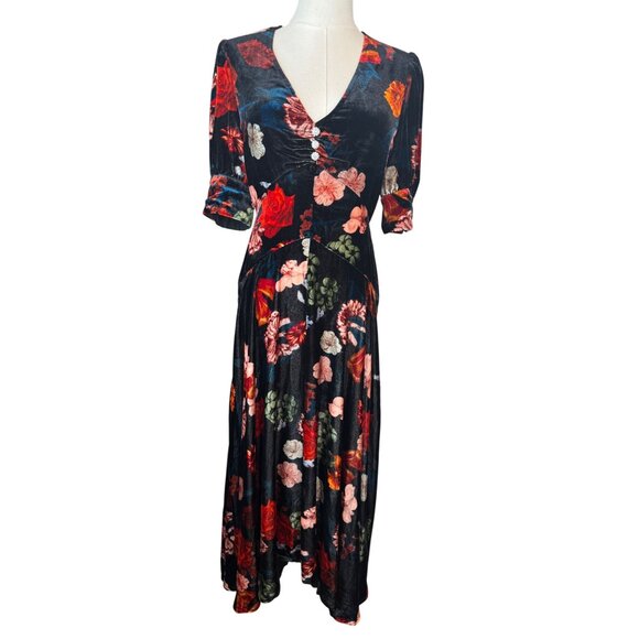 NWT Cara Cara 4 Floral Velvet Midi Dress Rhinestone Buttons V-Neck Puff Sleeves - Picture 3 of 16